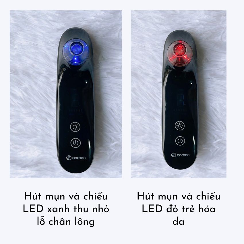 Hút mụn và chiếu LED xanh thu nhỏ lỗ chân lông, chiếu LED đỏ trẻ hóa da.